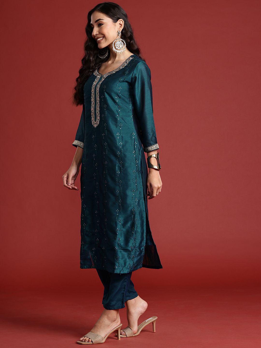 Dhiyona IE Floral Embroidered Sequinned Kurta With Trousers & Dupatta