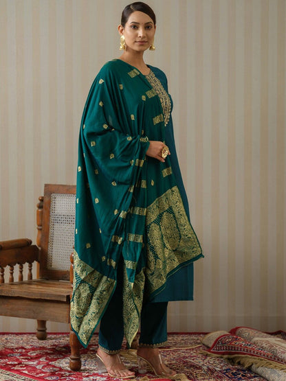 Dhiyona OD  Blue Ethnic Motifs Straight Kurta & Trousers With Dupatta