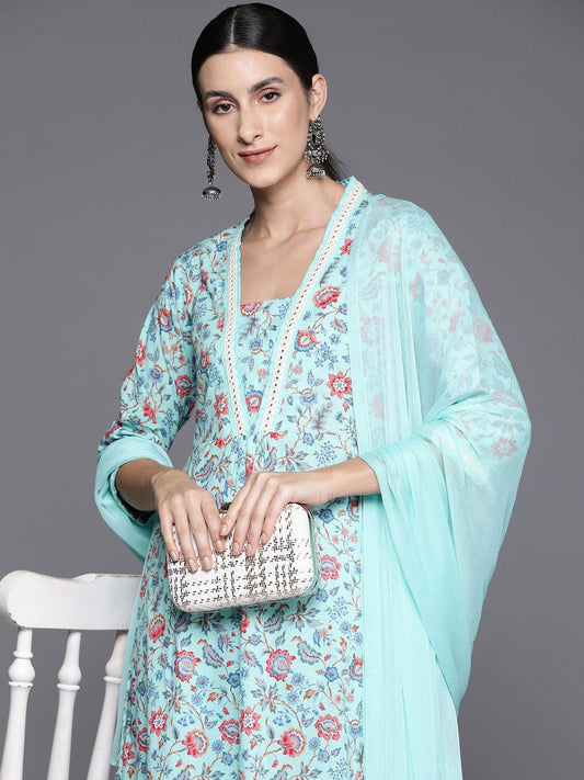 Dhiyona VA Women's Floral Printed Empire Mirror Work Cotton Kurta with Trousers & With Dupatta