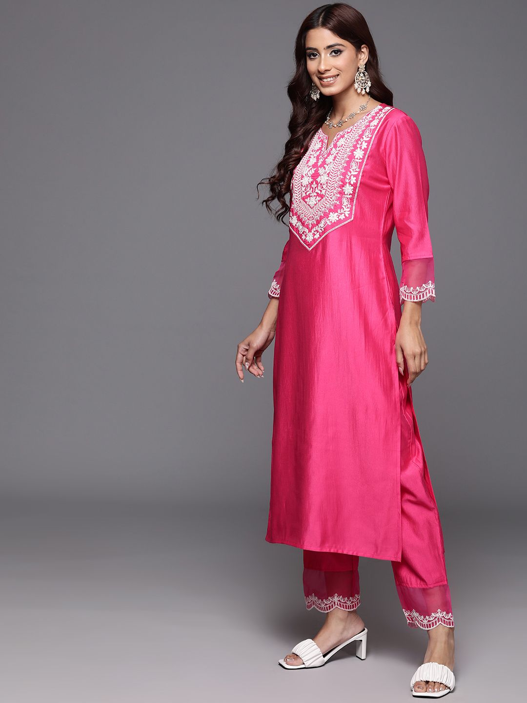 Dhiyona IE Floral Zari Embroidered Liva Kurta with Trousers & Dupatta