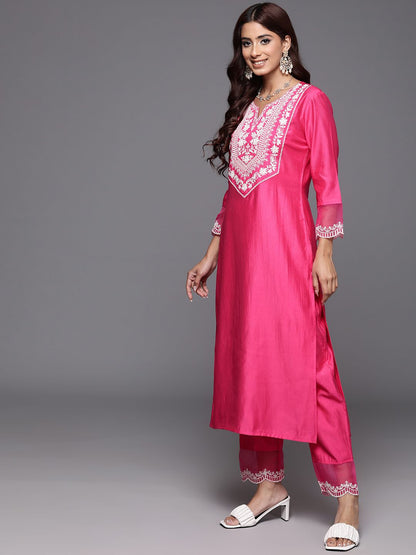 Dhiyona IE Floral Zari Embroidered Liva Kurta with Trousers & Dupatta