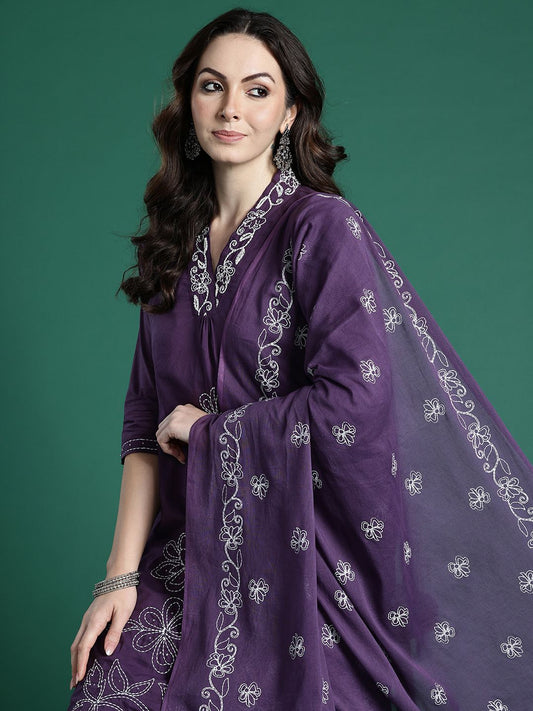 Dhiyona IE Floral Embroidered Pure Cotton Kurta with Trousers & Dupatta