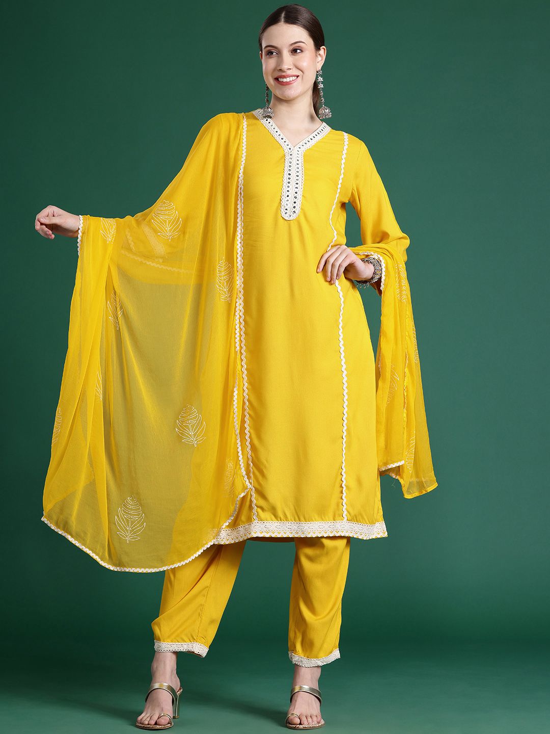 Embroidered Panelled Mirror Work Kurta With Trousers & Dupatta