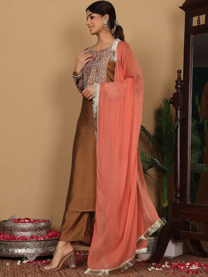 Dhiyona VA Women'sEthnic Motifs Embroidered Zari A-Line Kurta With Trousers & Dupatta