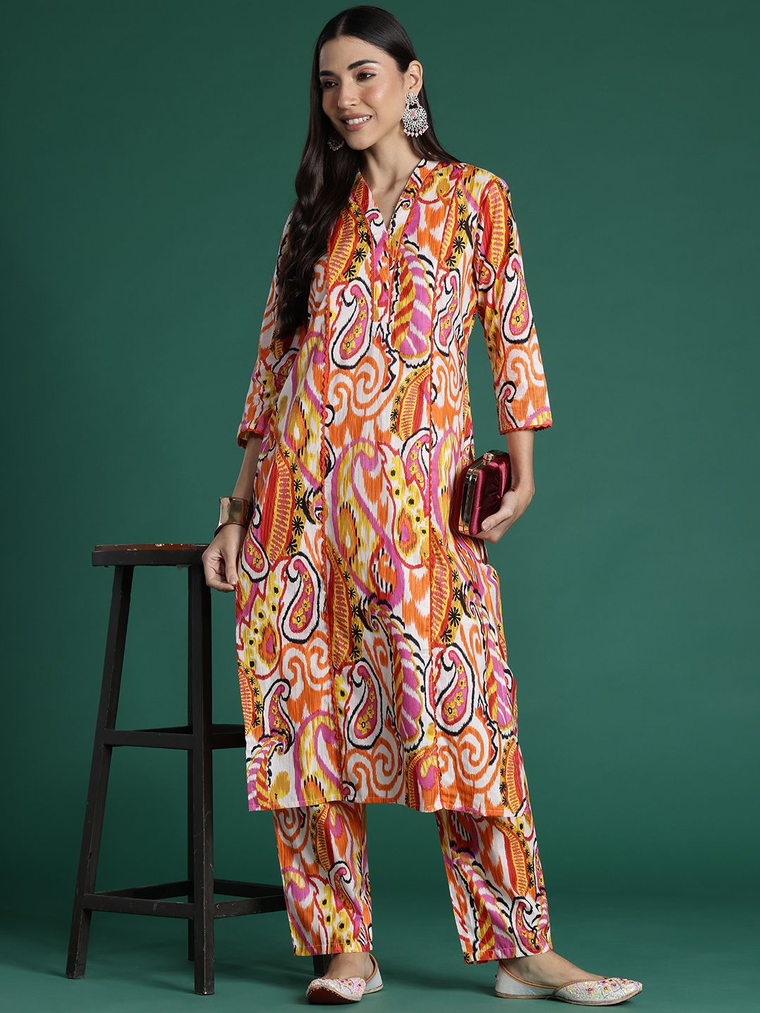 Women Paisley Printed Panelled Pure Cotton Kurta with Trousers