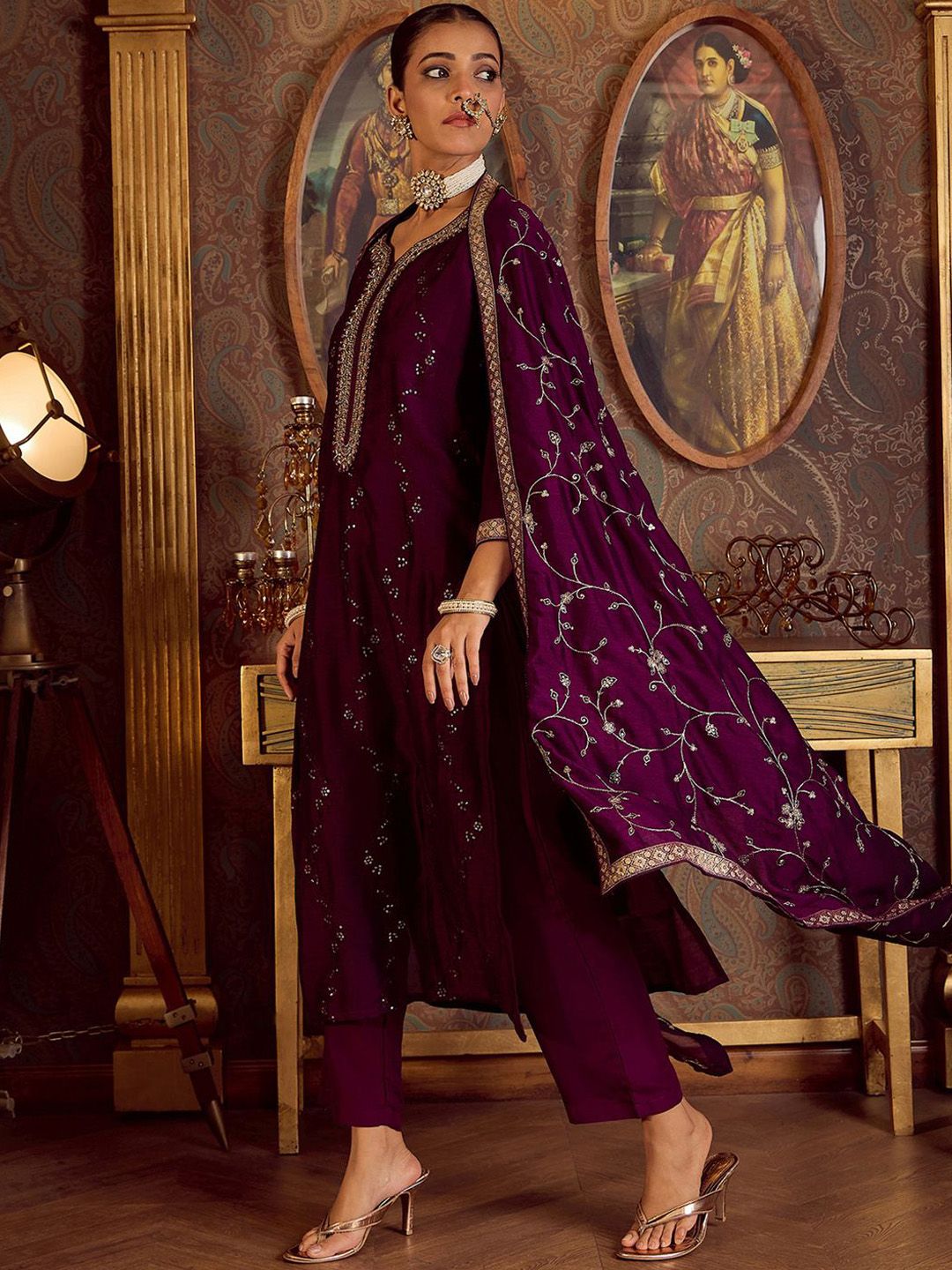 Dhiyona IE Floral Embroidered Zari Kurta with Trousers & Dupatta