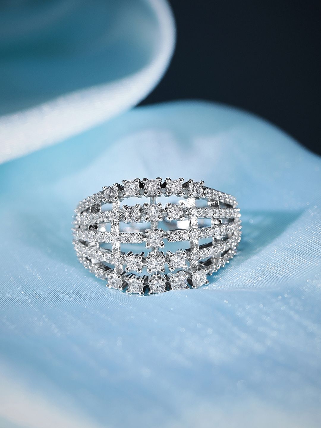 Dhiyona RJ Women's Silver-Plated AD Studded Adjustable Finger Ring