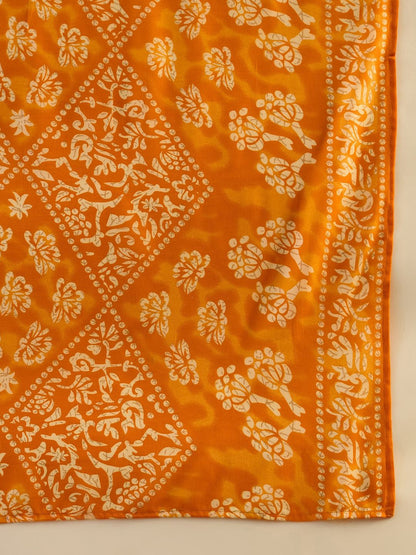 Dhiyona IE Mustard Yellow Floral Printed V-Neck Thread Work Kurta with Trousers & Dupatta