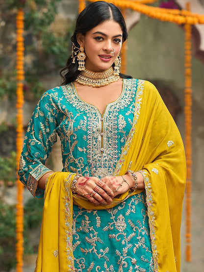 Zari Ethnic Motifs Embroidered Notch Neck Straight Kurta With Trousers & Dupatta