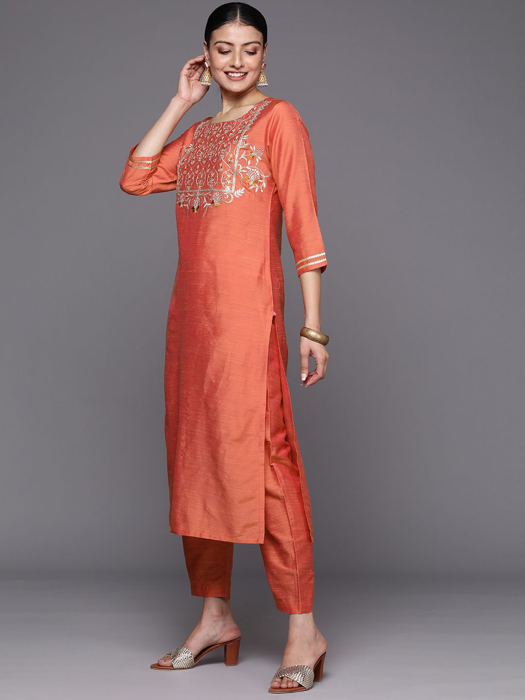 Dhiyona VA Women'sEthnic Motifs Zari Embroidered Sequinned Yoke Design Kurta With Trousers & Dupatta