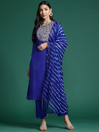 Women Leheriya Printed Regular Kurta With Trousers & Dupatta