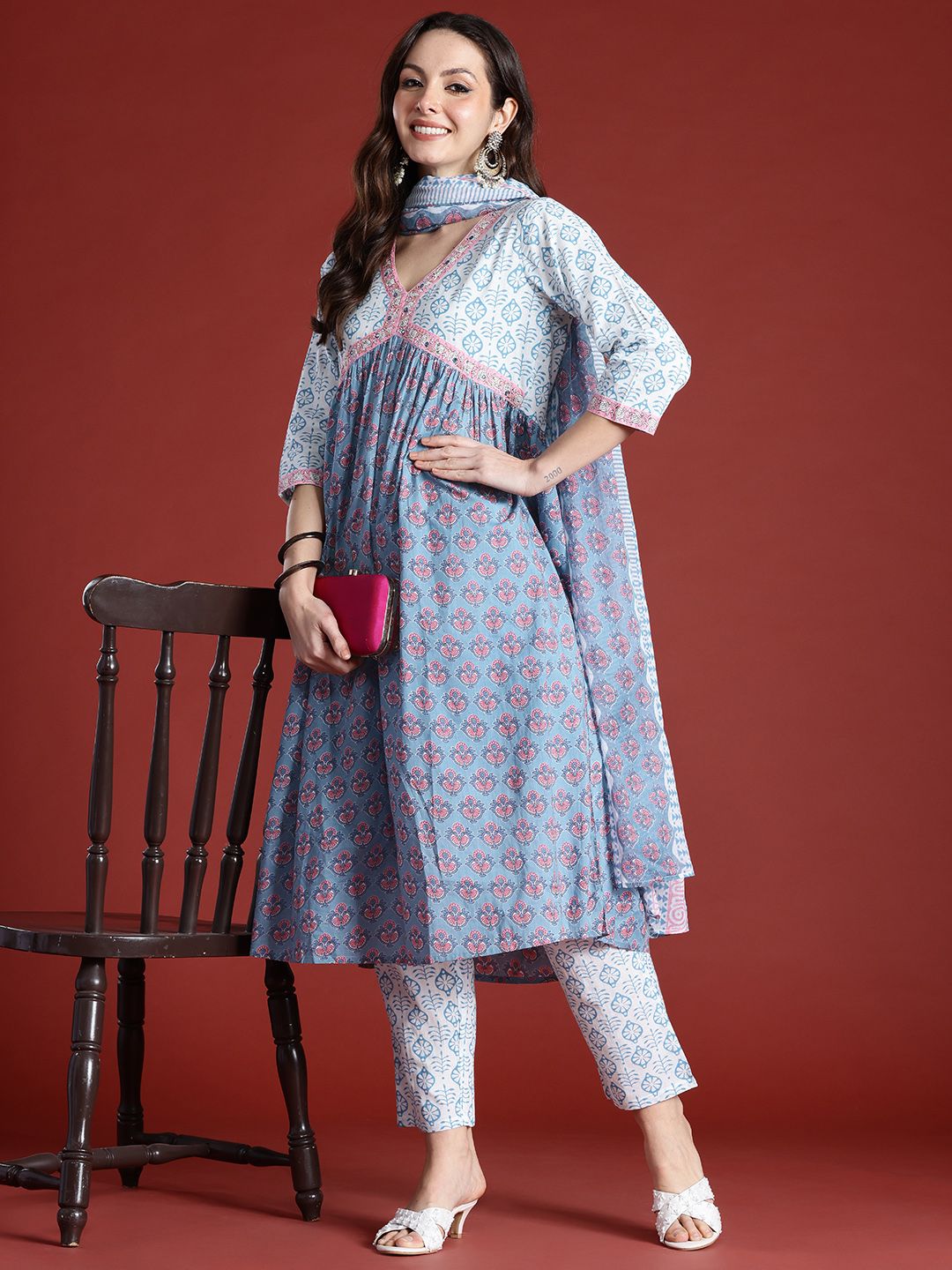 Dhiyona IE Floral Printed Empire Beads and Stones Pure Cotton Kurta with Trousers & Dupatta