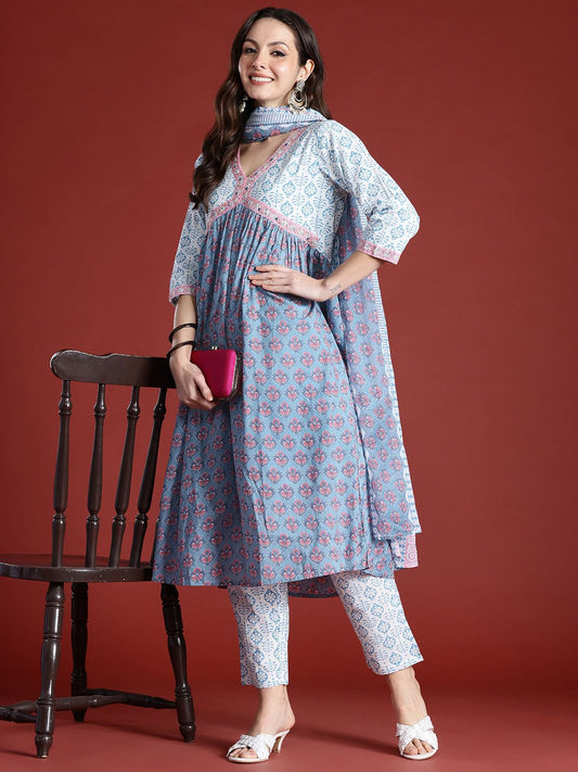 Dhiyona IE Floral Printed Empire Beads and Stones Pure Cotton Kurta with Trousers & Dupatta
