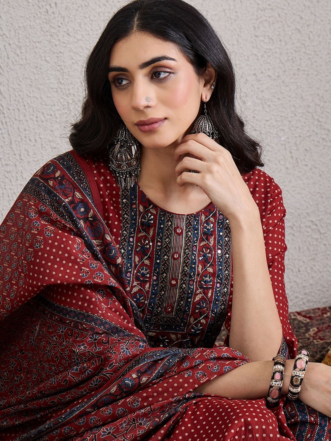 Women Ethnic Motifs Printed Regular Mirror Work Pure Cotton Kurta with Trousers & With Dupatta