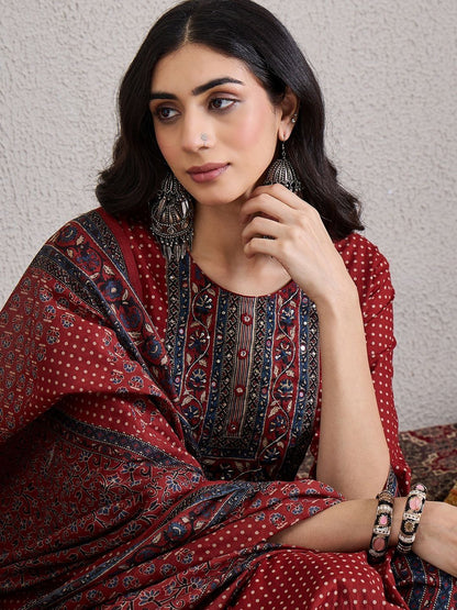 Women Ethnic Motifs Printed Regular Mirror Work Pure Cotton Kurta with Trousers & With Dupatta