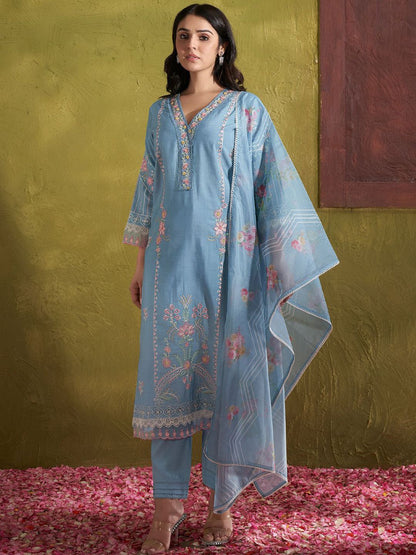 Women Floral Embroidered Regular Thread Work Kurta with Trousers & With Dupatta