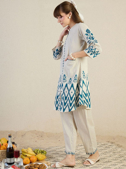 Dhiyona IE Printed Mandarin Collar A-Line Top with Trousers Co-Ords