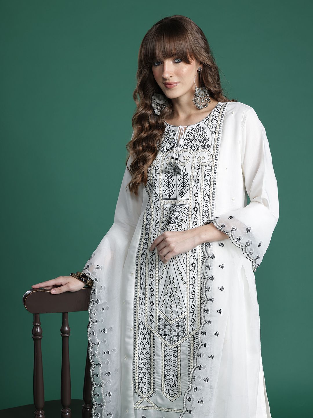 Embroidered Kurta with Trousers & Dupatta