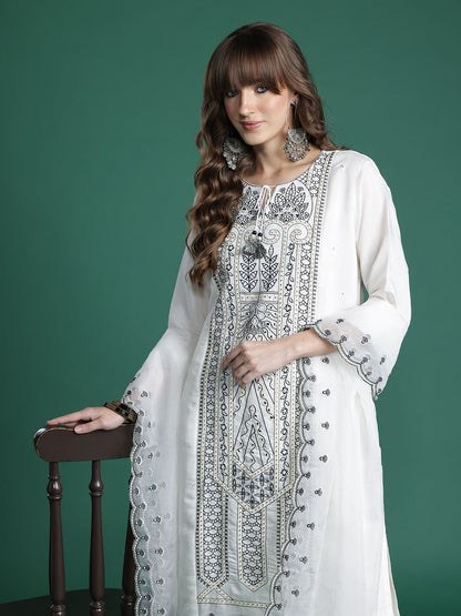 Embroidered Kurta with Trousers & Dupatta