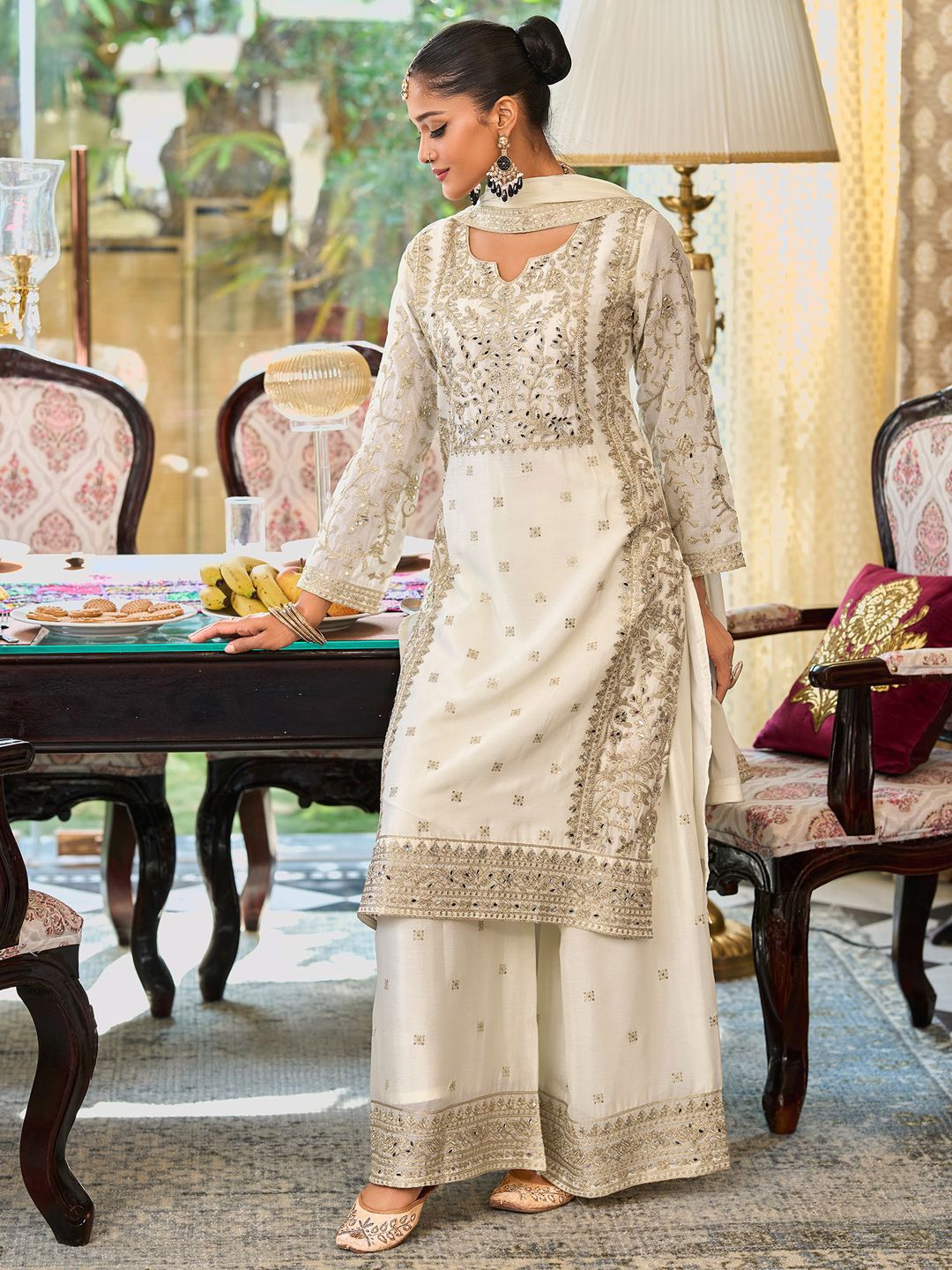 Dhiyona IE Floral Embroidered Notch Neck Mirror Work Straight Kurta With Palazzos & Dupatta