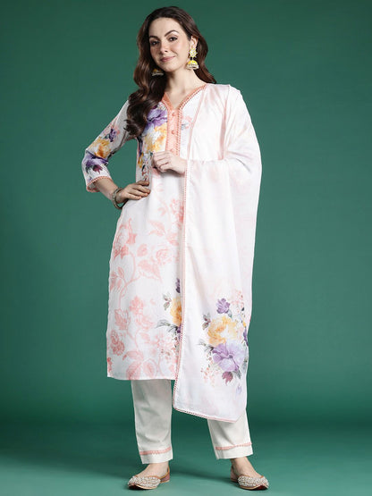 Dhiyona IE Floral Printed Beads and Stones Linen Kurta with Trousers & With Dupatta