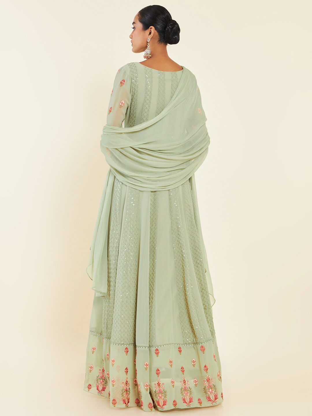 Dhiyona SO Women's Floral Embroidered Mirror Work Anarkali With Churidar & Dupatta