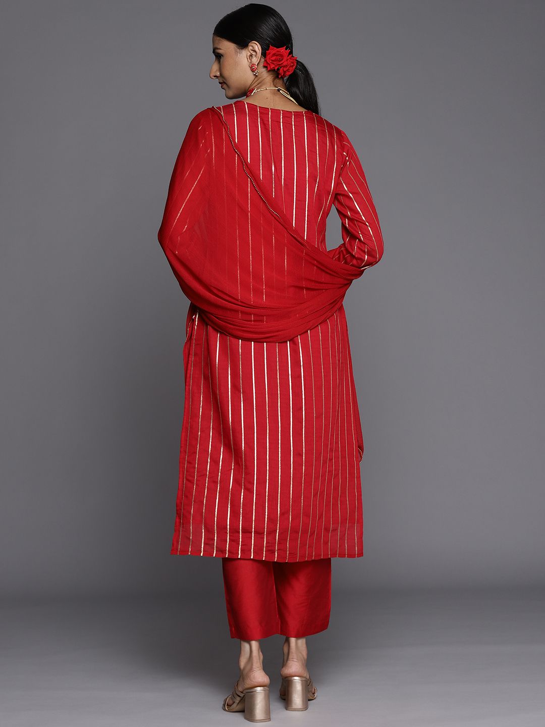 Dhiyona VA Women's Red Floral Embroidered Kurta with Trousers & With Dupatta