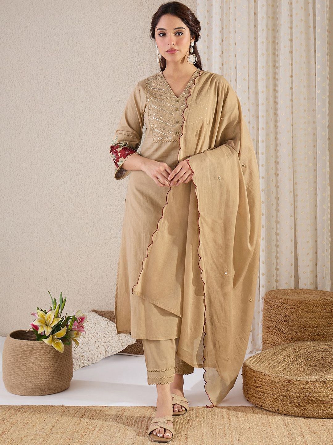 Dhiyona IE Women Yoke Design Embroidered Cotton Kurta with Trousers & Dupatta