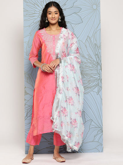Dhiyona VA Women'sYoke Design Regular Sequinned Chanderi Silk Kurta with Trousers & With Dupatta