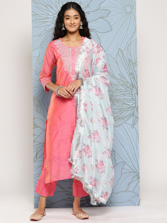 Dhiyona VA Women'sYoke Design Regular Sequinned Chanderi Silk Kurta with Trousers & With Dupatta
