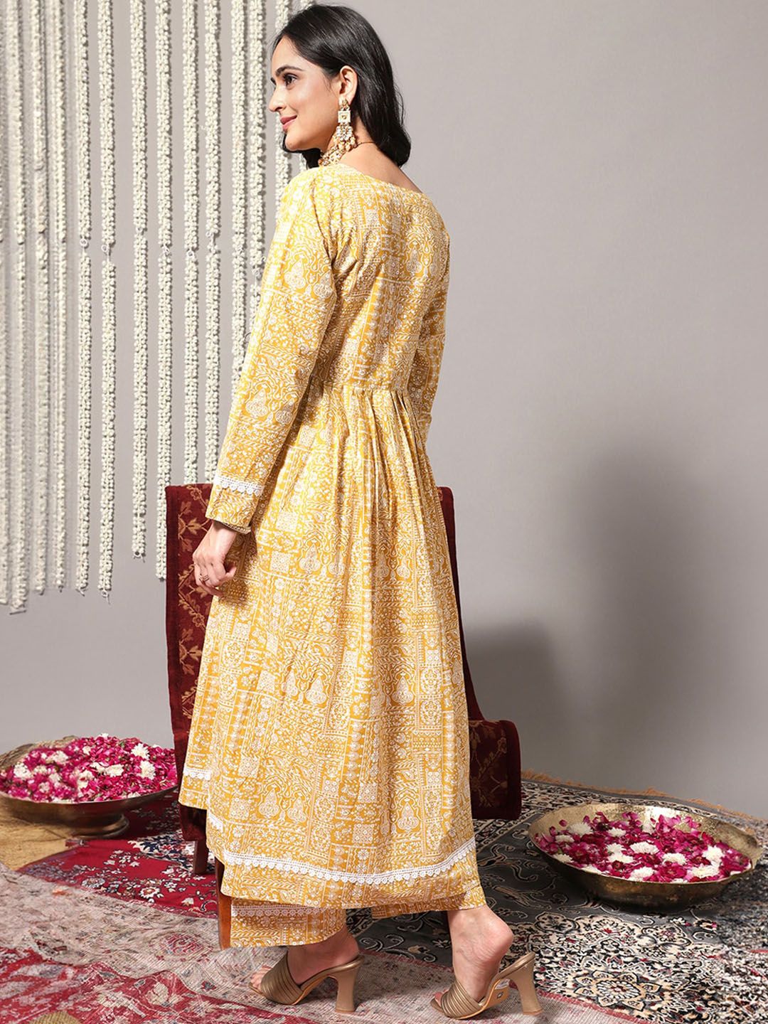 Dhiyona VA Women'sEthnic Motifs Printed A-Line Pure Cotton Kurta with Trousers