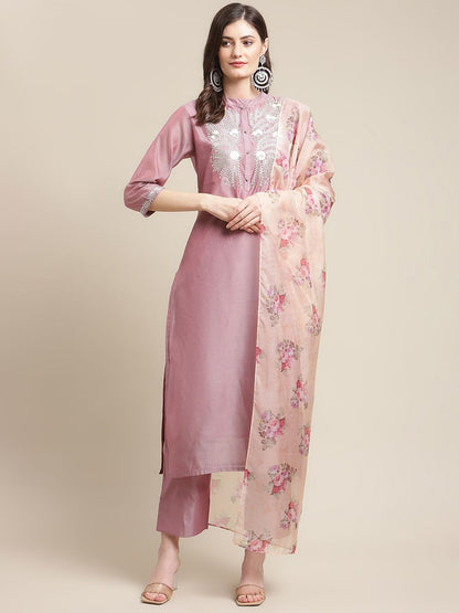 Dhiyona VA Women's Mauve Floral & Peach Yoke Design Chanderi Silk Kurta Set