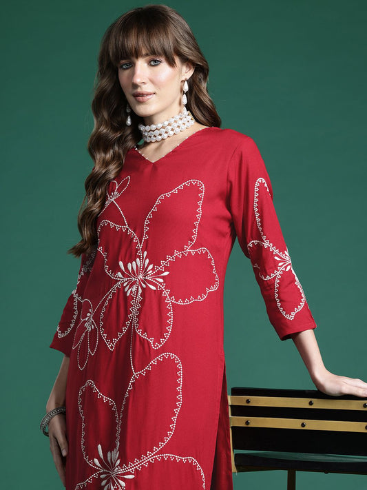 Dhiyona IE Floral Embroidered Regular Thread Work Kurta with Palazzos