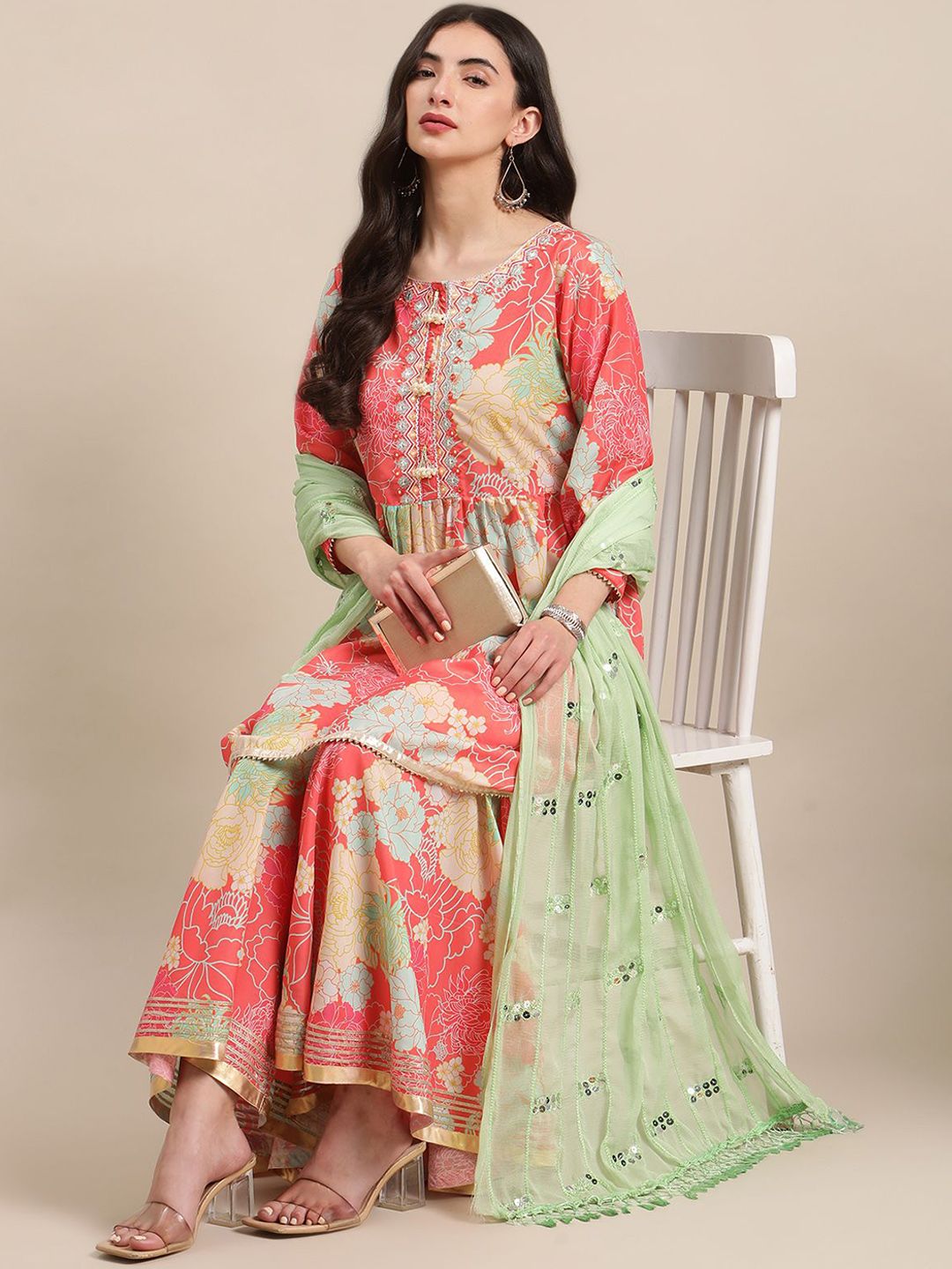 Dhiyona VA Women'sFloral Printed Empire Mirror Work Anarkali Kurta with Sharara & With Dupatta