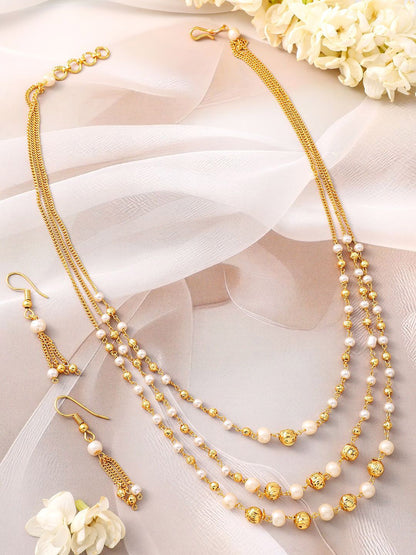 Dhiyona RJ Women's 18K Gold-Plated Multilayer Pearl Beaded Necklace Set with Matching Earrings