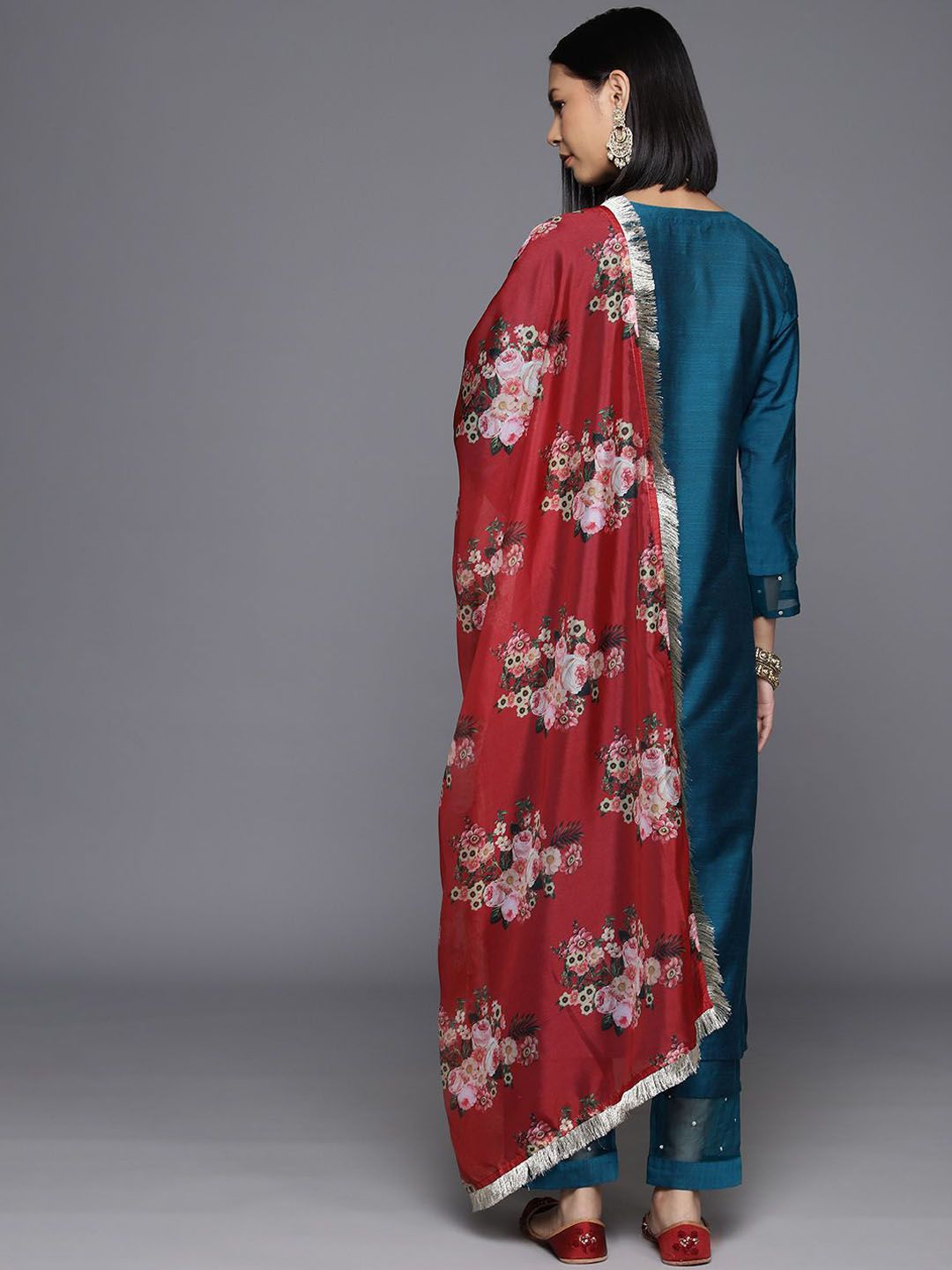 Dhiyona VA Women'sEmbroidered Sequinned Straight Kurta & Trousers With Dupatta