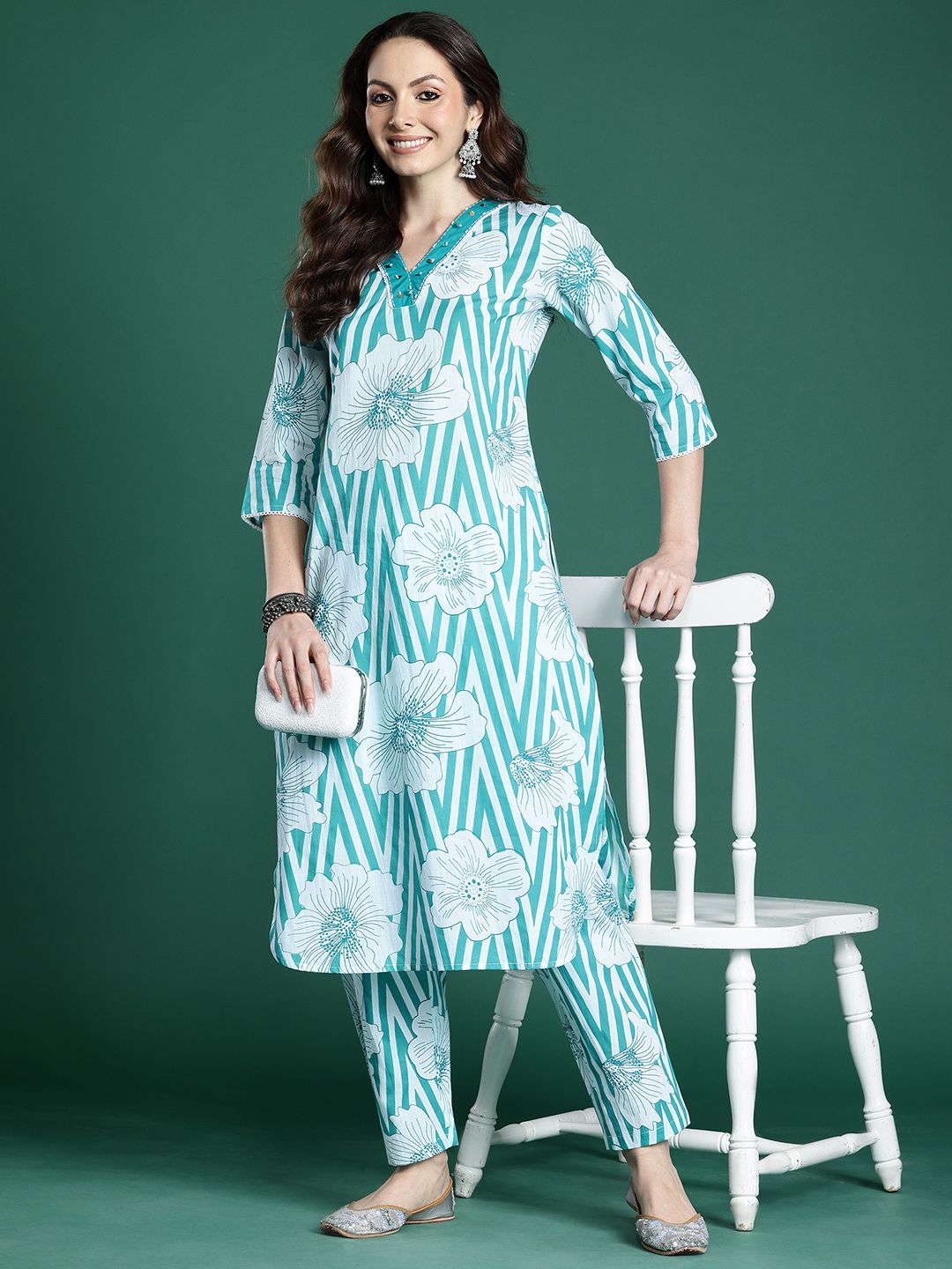Floral Printed Pure Cotton Kurta with Trousers
