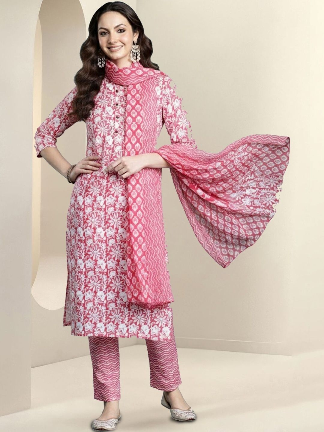 Women Printed Regular Pure Cotton Kurta with Trousers & With Dupatta