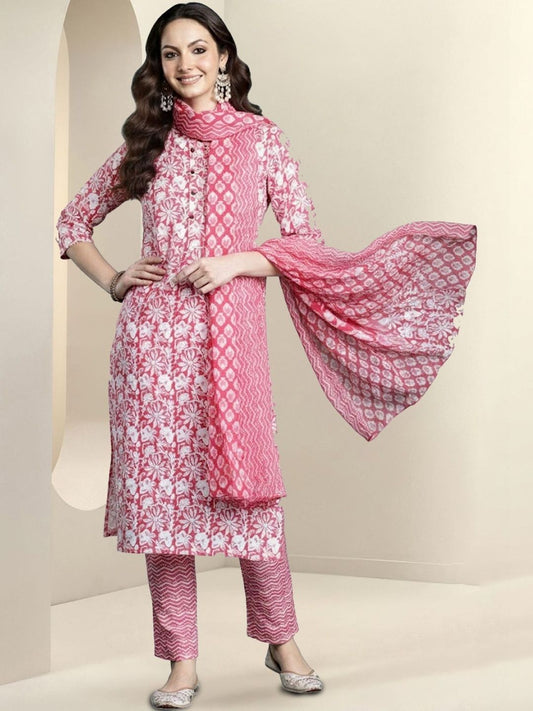 Women Printed Regular Pure Cotton Kurta with Trousers & With Dupatta