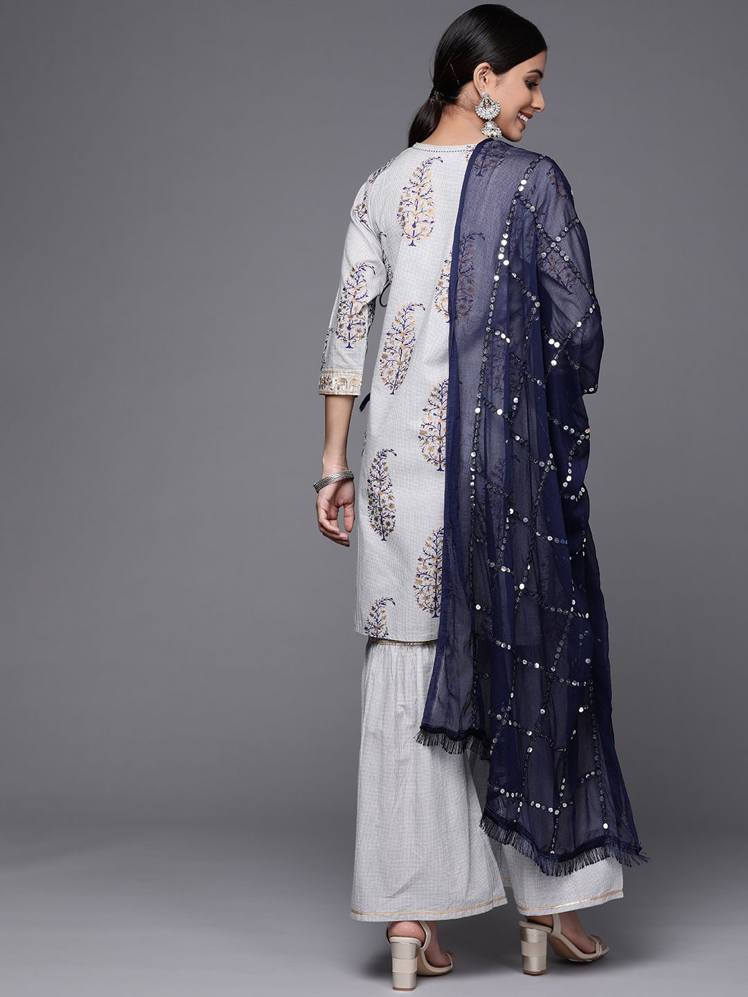 Dhiyona VA Women's Grey & Navy Ethnic Printed Angrakha Pure Cotton Kurta with Sharara & Dupatta