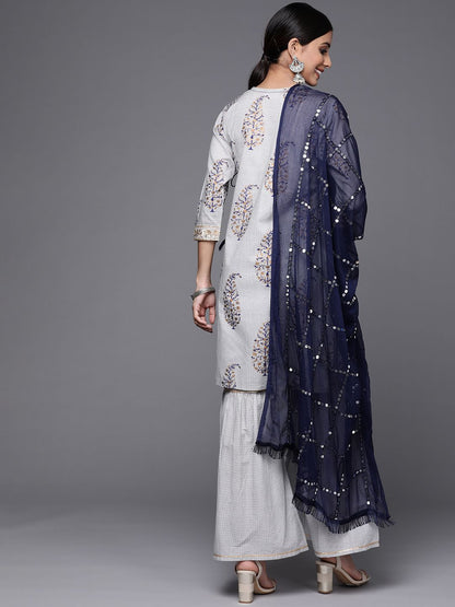 Dhiyona VA Women's Grey & Navy Ethnic Printed Angrakha Pure Cotton Kurta with Sharara & Dupatta