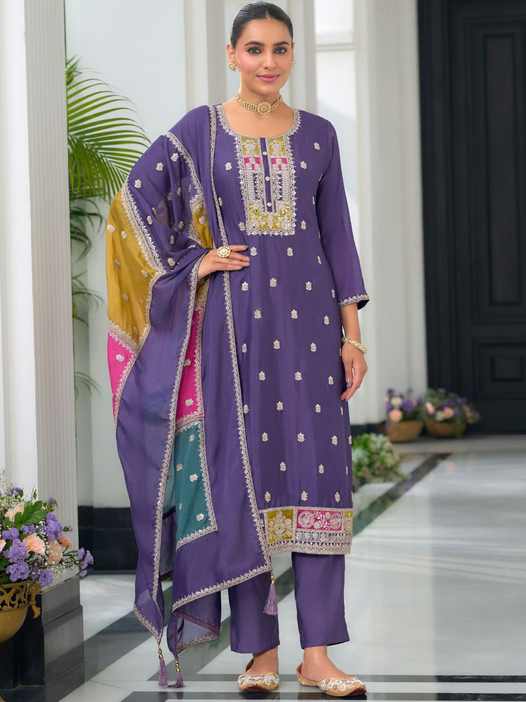 Women Ethnic Motifs Embroidered Regular Mirror Work Kurta with Trousers & With Dupatta