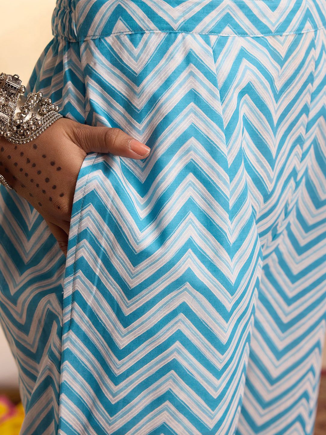 Floral Printed Empire Mirror Work Cotton A-Line Kurta with Trousers & Dupatta