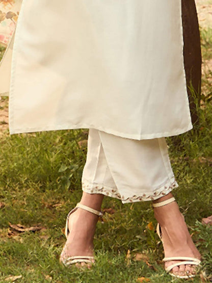 Dhiyona IE White Floral Yoke Design Tie-Up Neck Straight Kurta With Trousers & Dupatta