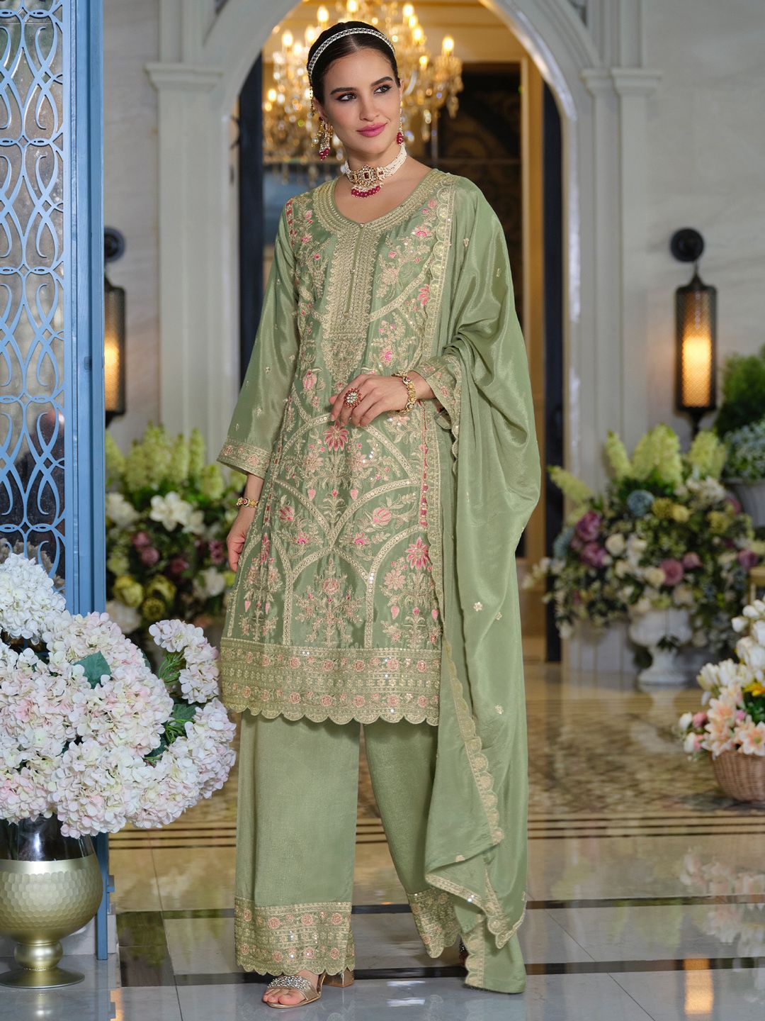 Women Ethnic Motifs Embroidered Sequinned Kurta with Trousers & Dupatta