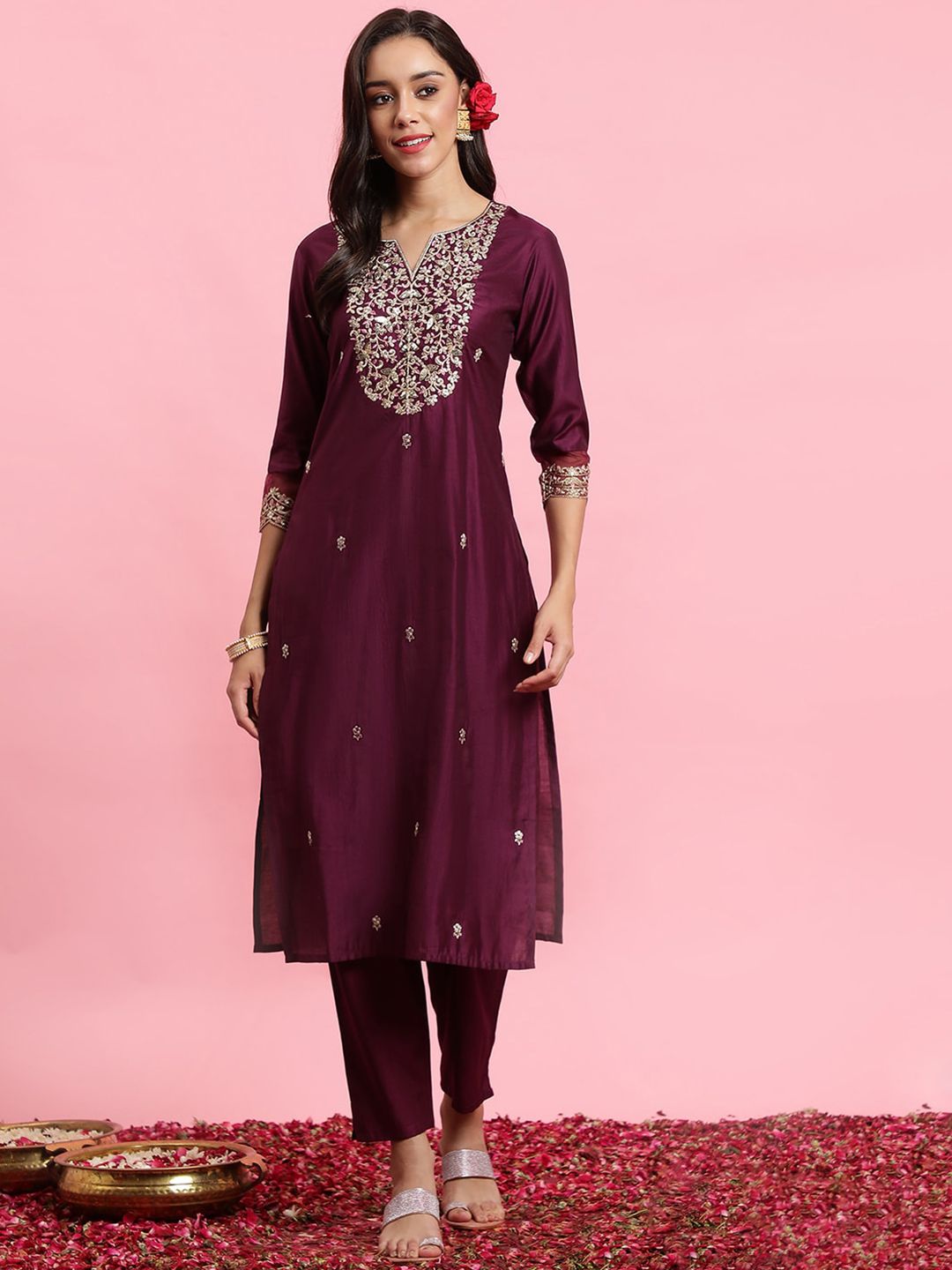 Floral Embroidered Yoke Design Kurta with Trousers & With Dupatta