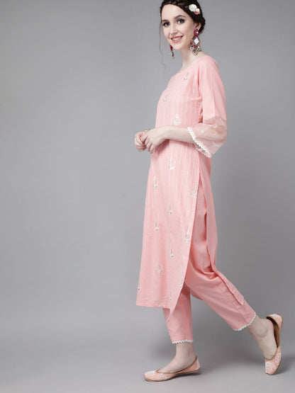 Women Pink Pure Cotton Ethnic Motifs Sequinned Kurta with Trousers & Dupatta