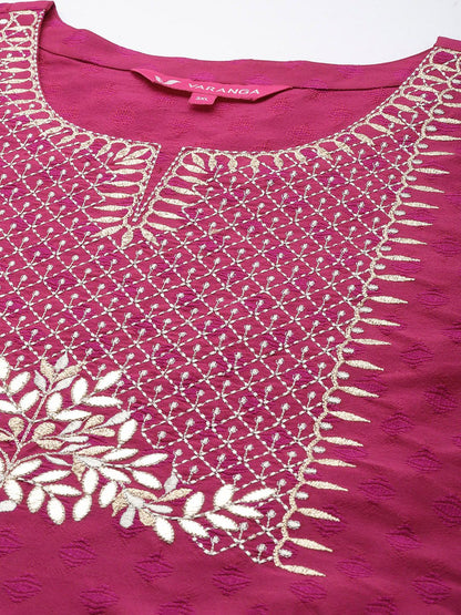 Dhiyona VA Women's Magenta Floral Embroidered Kurta with Trousers & Dupatta