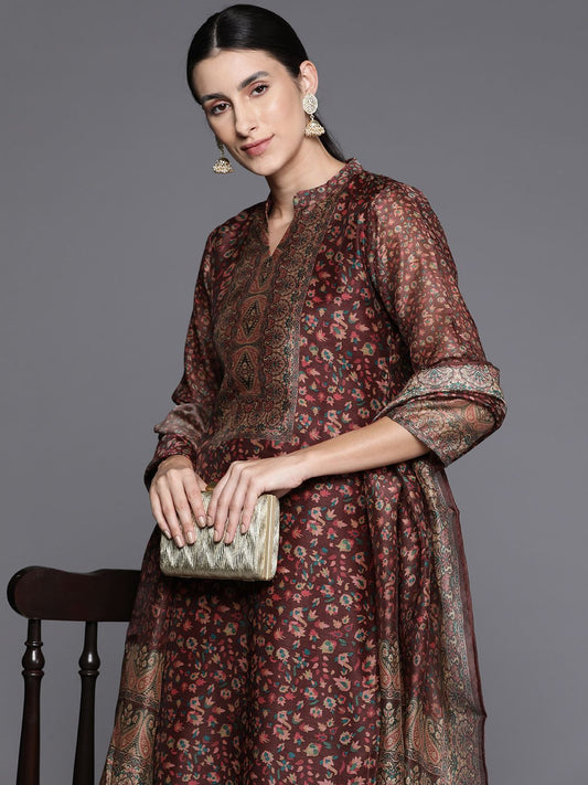 Dhiyona VA Women's Floral Printed Regular Chanderi Silk Kurta with Trousers & With Dupatta