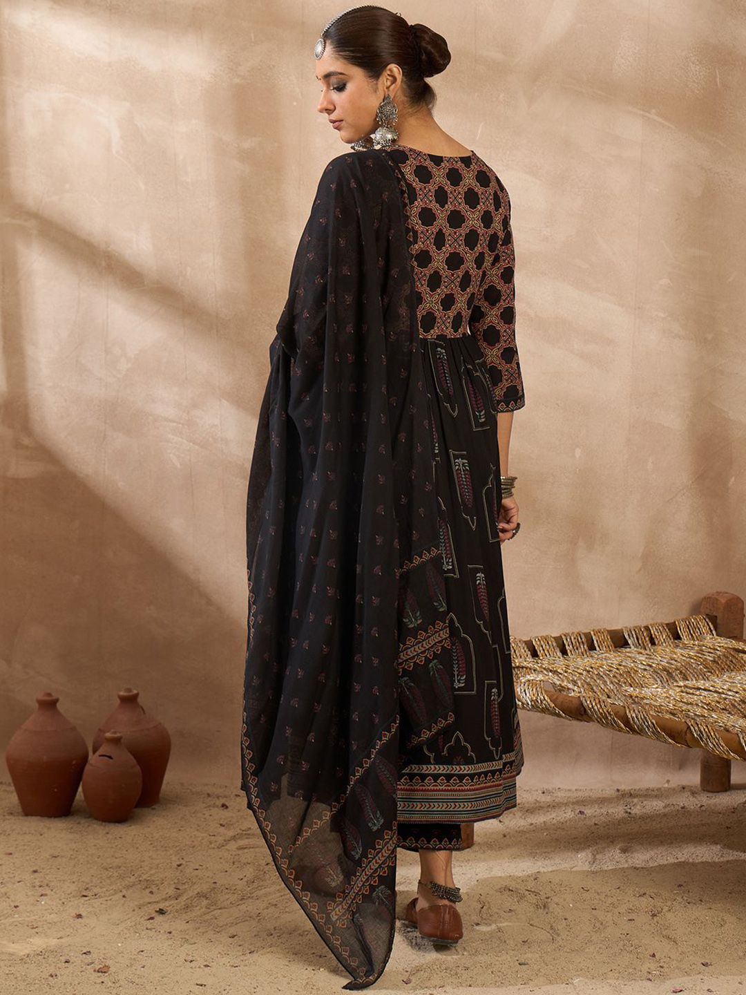 Women Ethnic Motifs Printed Pleated Beads and Stones Pure Cotton Kurta with Trousers & With Dupatta